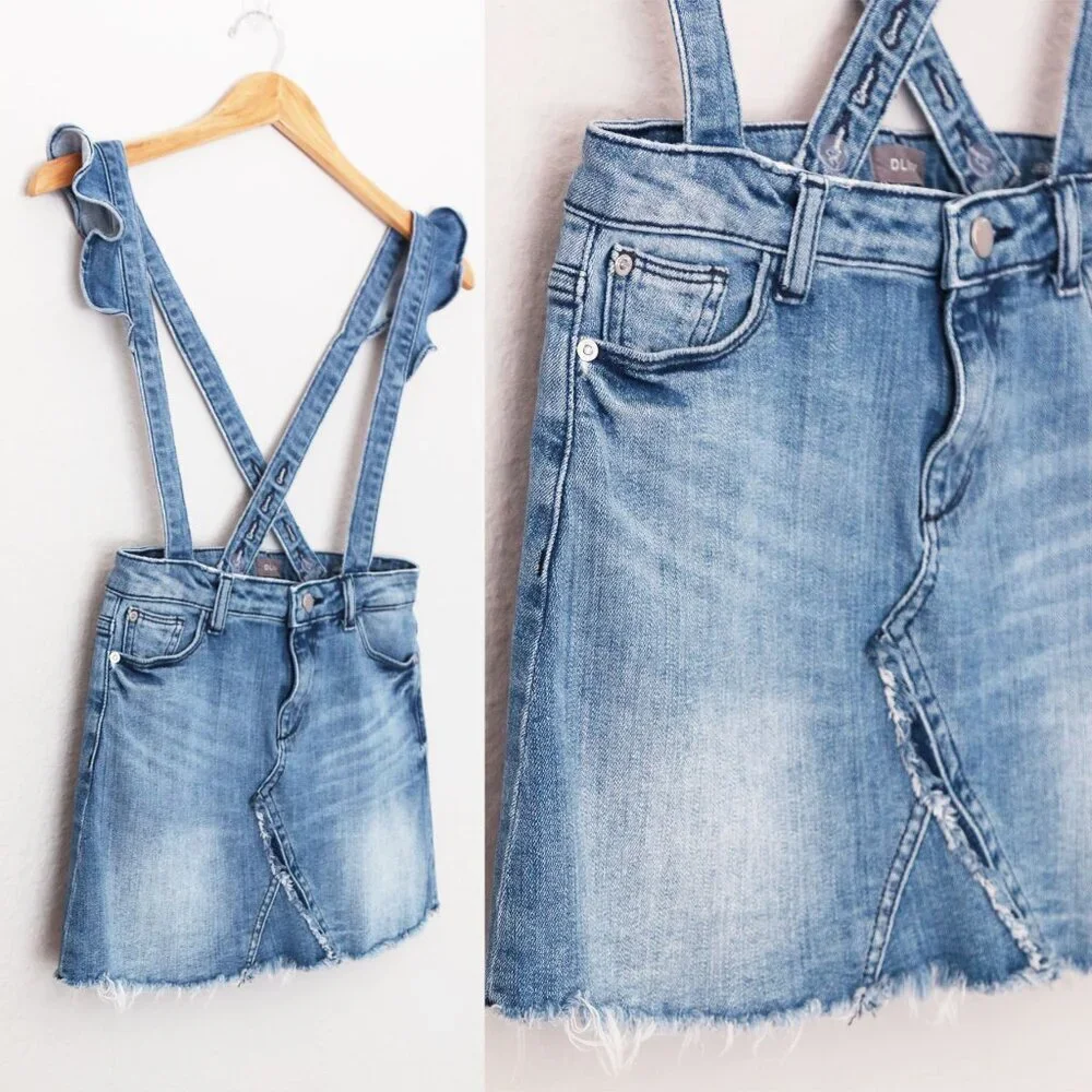 DL1961 Girl's 14 Jenny Overall Denim Skirt Searsy Adjustable Ruffle Straps Blue